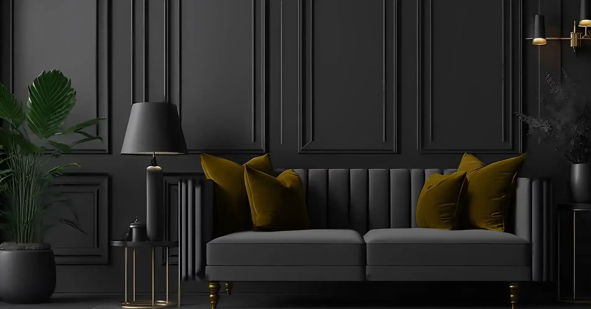 A chic living room with a black and gold palette. A cozy sofa and two sleek lamps create a refined atmosphere in this elegant space.